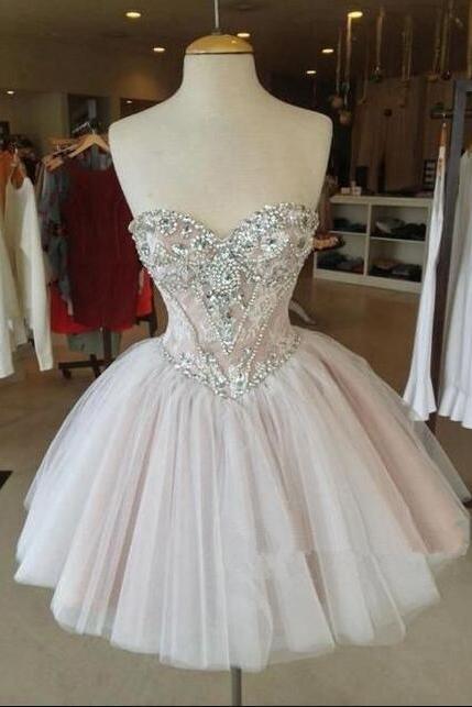 Sweetheart Beaded Homecoming Dress,short Tulle Homecoming Dress,bodice Basque Waistline Short Graduation Party Dress