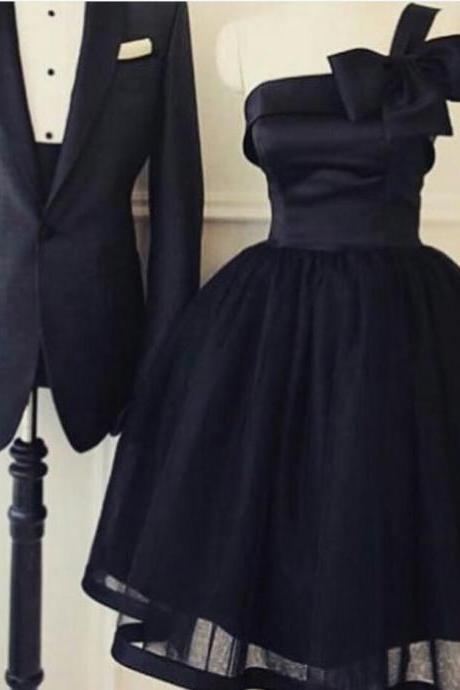 One Shoulder Short Prom Dress,homecoming Dress,little Black Homecoming Party Dress With Big Bow