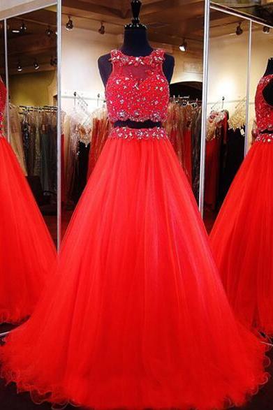 Red 2 Pieces Prom Dress ,sexy Tulle Evening Gown, Pageant Dress, Prom Dress