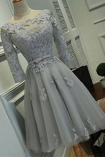 Gray Lace Prom Dress,short Prom Dress,short Homecoming Dress With Full Sleeves