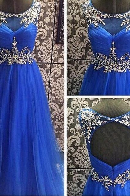 Beading Royal Blue Prom Dress, Open Back Prom Dress,long Chiffon Prom Dress
