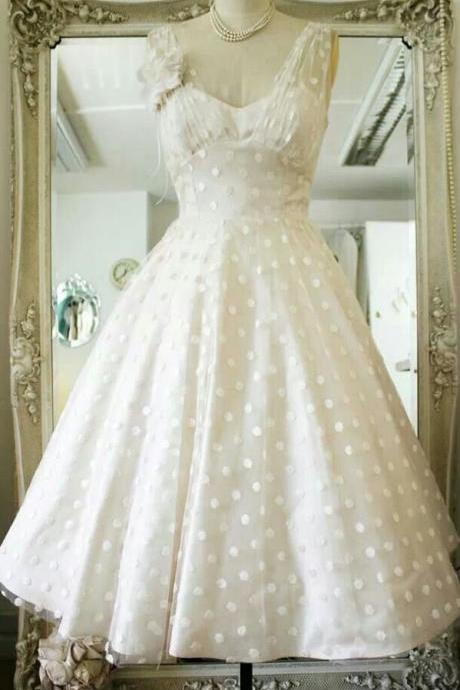 Short Weddng Dress, Vintage Polka Dots Tea Length Wedding Dress