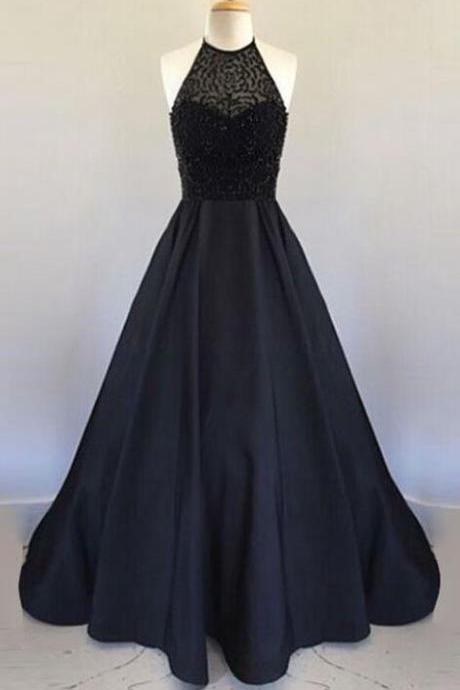 Beaded Prom Dress,black Halter Prom Dress,sexy Stain Prom Dress,long Prom Dress,evening Dress