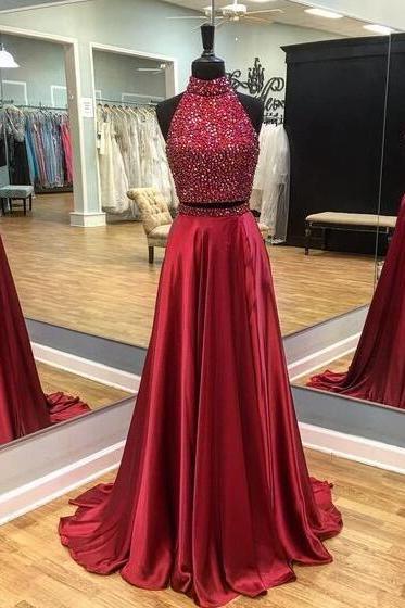 Beaidng Prom Dress,sexy Prom Dress,two Pieces Prom Dress,wine Red Prom Dress,beaded Two Pieces Prom Dress With Keyhole Back