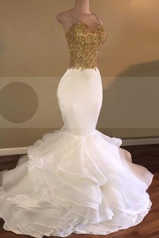 Gold Bodice Prom Dress, Mermaid Prom Dress With Crystaled Straps,princess Prom Dress,backless Prom Dress,sexy Prom Dress