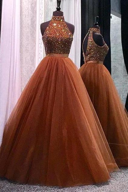 Tulle Prom Dress,ball Gown Prom Dress,beading Prom Fress,long Party Dress,high Collar Beaded Prom Dres With Keyhole Back