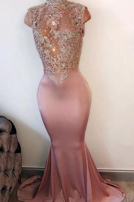 Beaded Prom Dress,sexy Prom Dress,custom Prom Dress, High Collar Fitted Prom Dress With Crystals Appliques