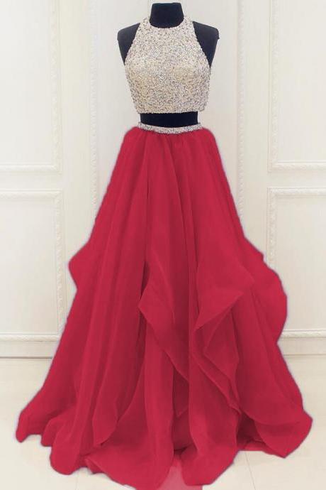 Fashion Two Pieces Prom Dress,beaded Prom Dress, Sexy Prom Dress, A Line Prom Dress, Deep Red Organza Prom Dresses