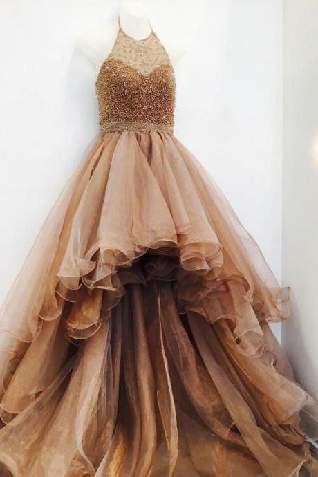 Women's Sexy Halter Prom Dress, Neck High Low Prom Dresses ,tulle Prom Dress, Prom Dress, Luxurty Crystal Beaded Evening Party