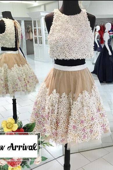 Two Piece Homecoming Dress,short Prom Dress, Sexy Lace A-line Jewel Sleeveless Short Homecoming Dress With Appliques