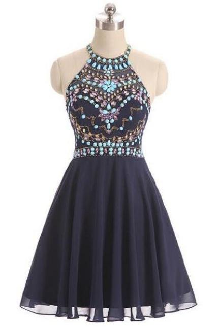Beads Short Prom Dress,dark Blue Prom/evening Dress, Homecoming Dress, Cute Dark Blue Homecoming Dress,halter Prom Dress,sweet 16 Cocktail