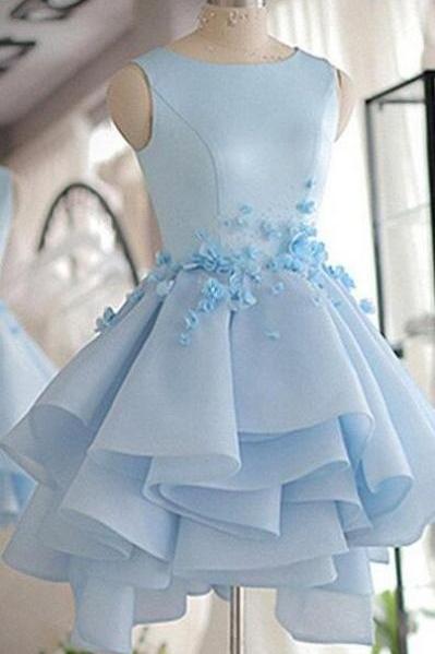 Sky Blue Homecoming Dress, Homecoming Dress,short Prom Dress, A-line Scoop Neck Prom Dress,satin Tulle Short Flowers Original Prom Dresses,mini