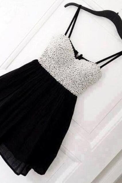 Mini Homecoming Dress With White Beadings, Homecoming Dress 2018, Custom Made Cute Black Homecoming Dresses, Short Prom Dress,girls Party Dress,