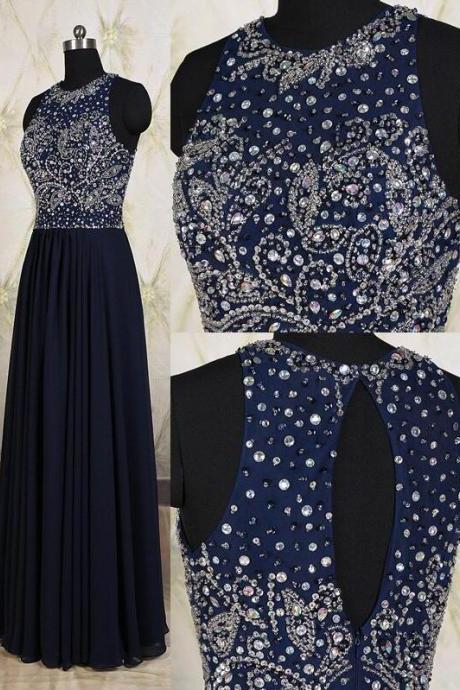 Navy Blue Prom Dresses,elegant Beading Evening Dresses,long Formal Gowns,beaded Party Dresses,chiffon Pageant Formal Dress
