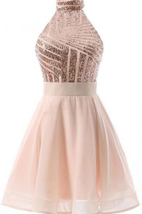 Halter Chiffon Sequinned Short Homecoming, Party Dress, Prom Dress
