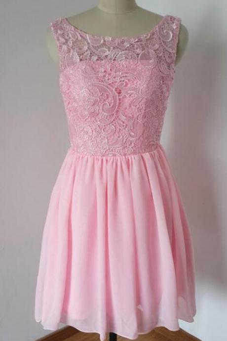 Chiffon Prom Dress, Bridesmaid Dress,short Bridesmaid Dress With Lace,pink Bridesmaid Dress,sexy Prom Dress