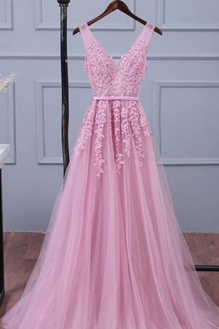 Appliqued Tulle Prom Dress,lace Porm Dress, Prom Dress,long Party Dress,long Prom Dresses,sexy V Neck Prom Dresses, Woman&amp;#039;s Evening