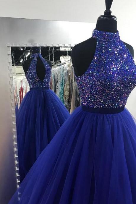 Halter Neck Beading Prom Dress,tulle Prom Dresses ,crystals Beaded Women Party Dresses,sexy Prom Dress