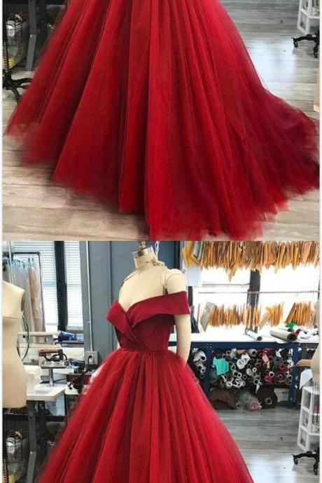 Beauty V Neck Prom Dress,tulle Prom Dress,charming A-line Prom Dress,off-shoulder Red Prom Dress,tulle Ball Gown Long Prom/evening Dress
