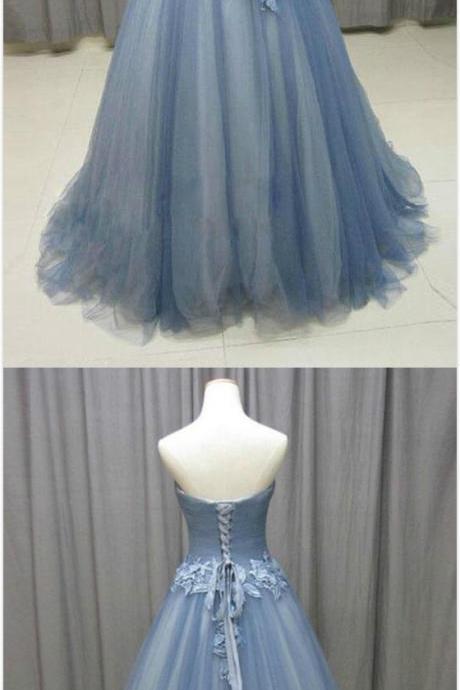Gray Blue Prom Dress,tulle Prom Dress,simple A-line Prom Dress, Long Prom Dress,sweetheart Lace Long Prom Dress With Appliques