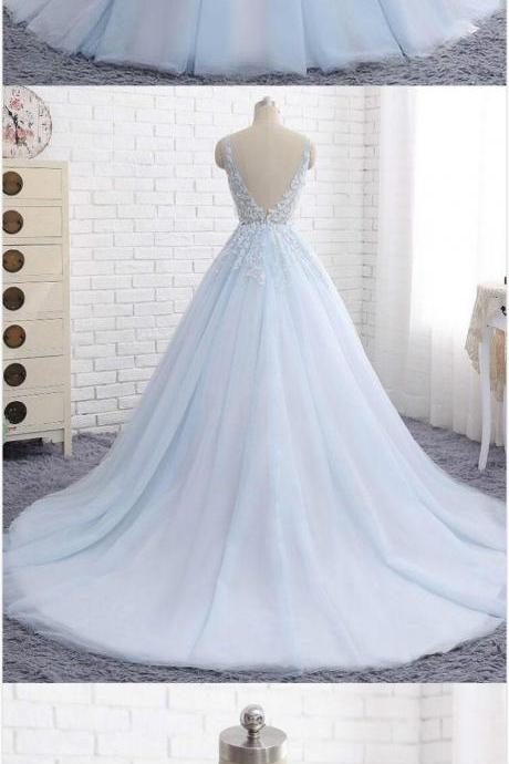 Elegant Ball Gown Prom Dress,v-neck Prom Dress,sexy Prom Dress,2018 Prom Dress,formal Fress,blue Tulle Long Prom/evening Dress With Appliques