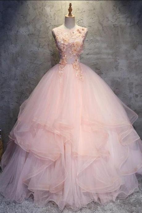 Charming Ball Gowns Prom Dress,TUlle Prom Dress,Sexy Round Neck Pink Prom Dress,Long Party Dress,Tulle Long Prom/Evening Dress with Flowers