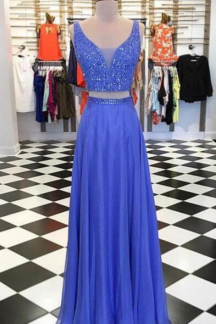 Two-piece Beading Prom Dress,v-neck Blue Prom Dress,long Prom Dress 2018,,chiffon Long Prom/evening Dress With Beading