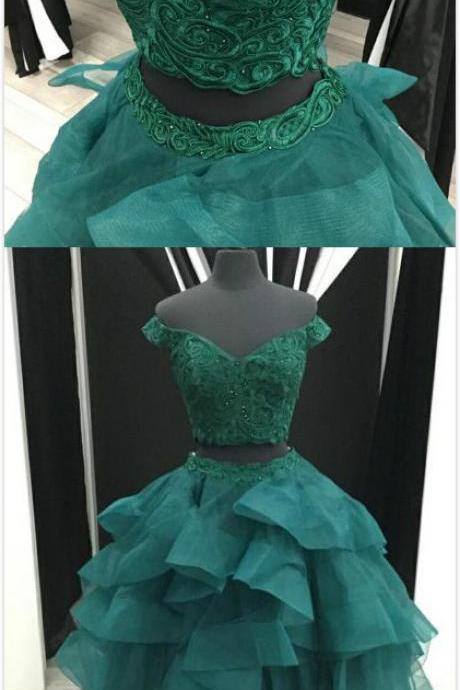 Elegant Two Piece Prom Dress,sexy Tulle Prom Dress,lace Prom Dress,a-line Off-the-shoulder Prom Dress,green Tiered Long Prom Dress With Appliques