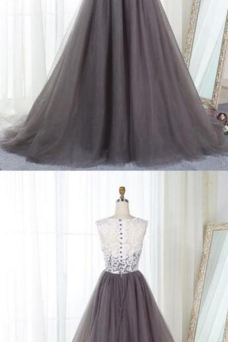 Gray Tulle Prom Dress,lace Prom Dress, Prom Dress,long Senior Prom Dress, Simple Bridesmaid Dress Sexy Prom Dresses,sexy Evening Gowns