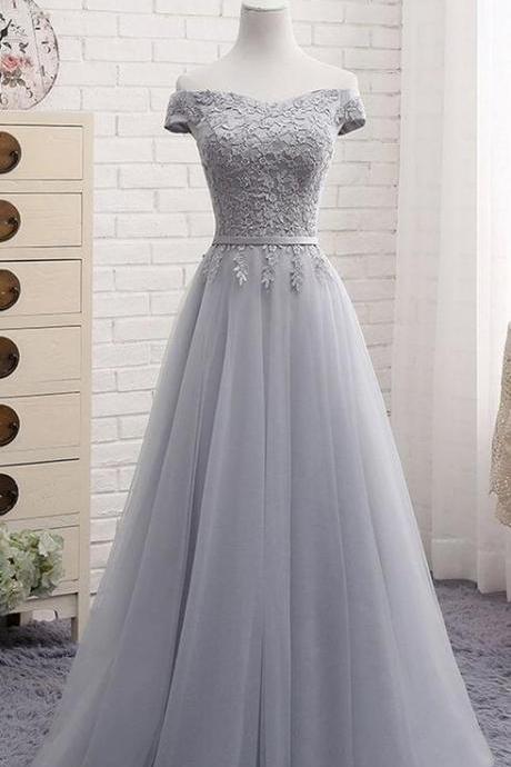 Tulle Prom Dress,Lace Prom Dress,Gray tulle Prom Dress,CHeap Prom Dress,off shoulder long A-line senior prom dress, simple bridesmaid dress