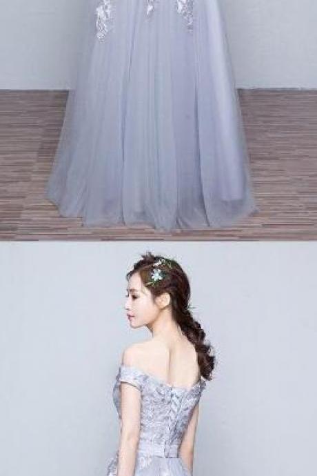 A-line Prom Dress,sexy Prom Dress,2018 Prom Dress, Gray Tulle Appliques Prom Dreds, Lace Off-the-shoulder Prom Dress