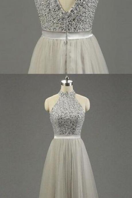 High Neck Prom Dress,Two Piece Prom Dress,Beading Prom Dress,Gray Tulle Prom Dress,Floor-length Beading Fashion Prom Dresses