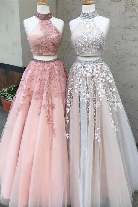Halter Lace Prom Dress,crop Top Open Back Prom Dress,two Piece Prom Dress,tulle Prom Dress,ball Gown Prom Dresses Two Piece Ball Gowns Prom Dress