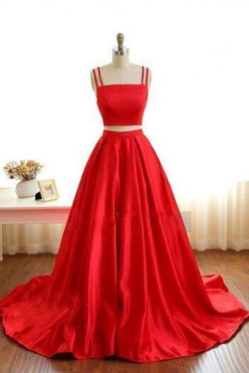 Spaghetti Straps Prom Dresses, Sexy Evening Dress,two Pieces Prom Dress, Prom Dress For Teens,red High Neckline Prom Dress