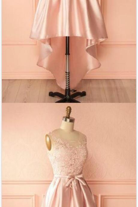 Pink Homecoming Dress, Homecoming Dress,short Prom Dress,lace High Low Homcoming Dress, Simple Pink Bowknot Prom Dresses