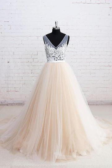 Champagne Prom Dress,mermaid Prom Dress,tulle Prom Dress,lace Prom Dress,v Neck Long Wedding Dress, Lace Appliques A-line Formal Prom Dress