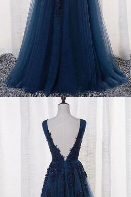 Prom Dress,a-line Prom Dress,lace Prom Dress,sexy V-neck Sleeveless Prom Dress,navy Blue Tulle Long Prom Dress