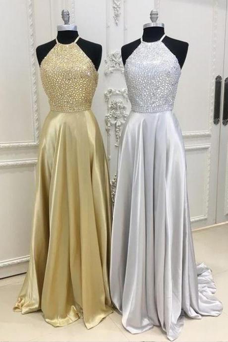 Halter Prom Dress,sexy Slit Gold Prom Dress, Prom Dress,long Slit Silver Graduation Dress,halter Neckline Beaded Party Dress