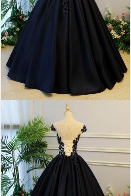 Generous Prom Dress,ball Gown Prom Dress,stain Prom Dress,long Party Dress,a-line Round Neck Cap Sleeves Prom Dress, Lace-up Back Black Long