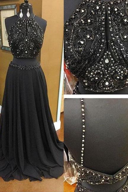 Beading Prom Dress,chiffon Prom Dress,sexy Prom Dress,black Prom Dress,two Pieces Long Prom Dress, Black Evening Dress