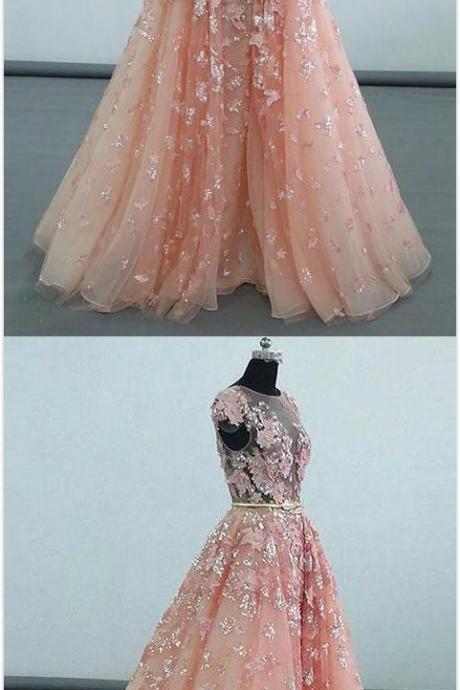 Simple Round Neck Prom Dresses,tulle Prom Dress, Prom Dress, Prom Gown,vintage Prom Gowns,pink Lace Sequins Long Prom Gown, Pink Evening Dress
