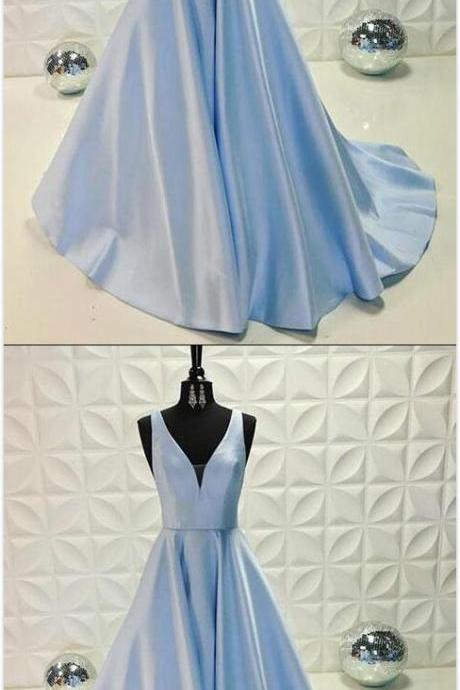 Simple Vintage Prom Gowns,stain Prom Dress, Prom Dress,sexy Prom Dress,light Blue V Neck Long Prom Dress, Blue Evening Dress