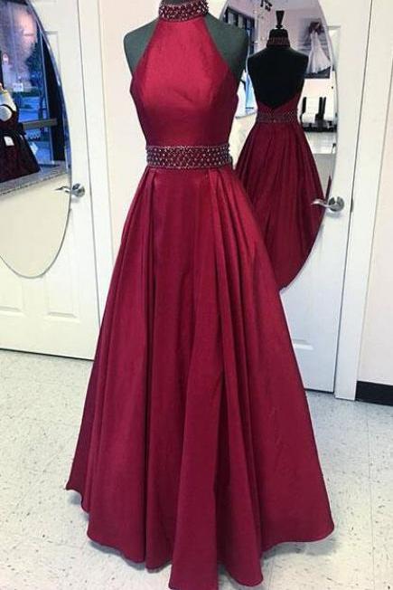 Burgundy Prom Dress,stain Prom Dress,sexy Prom Gown,round Neck Long Prom Dress, Burgundy Evening Dress