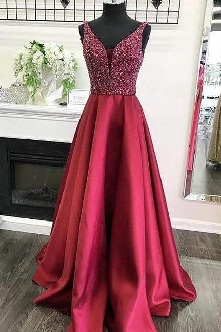 Burgundy Prom Dress,Sexy Prom Dress,Stain Prom Dress,Beading Prom Dress,v neck long prom dress, burgundy evening dress 