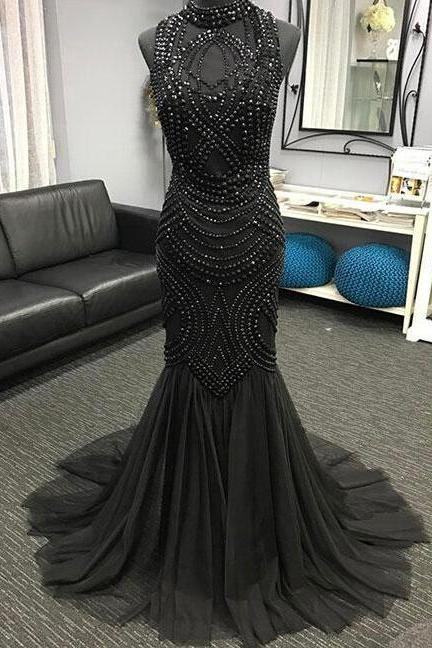 Unique Prom Dress,Sexy Prom Dress,A Line Prom Dress,Sexy Evening Dress,tulle beads mermaid long prom dress, evening dress 2018