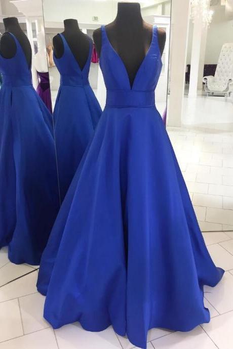 Simply Prom Dress, Stain Prom Dress,v Neck Royal Blue Prom Dress,sexy Prom Dress,long Prom Dress