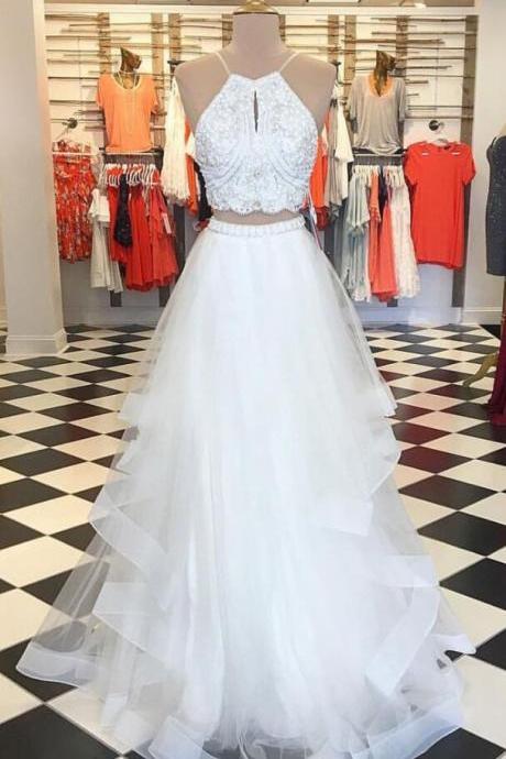 Two Piece Prom Dress, Lace Prom Dress,Tulle Prom Dress,Cheap Prom Dress,Sexy White Prom Dress