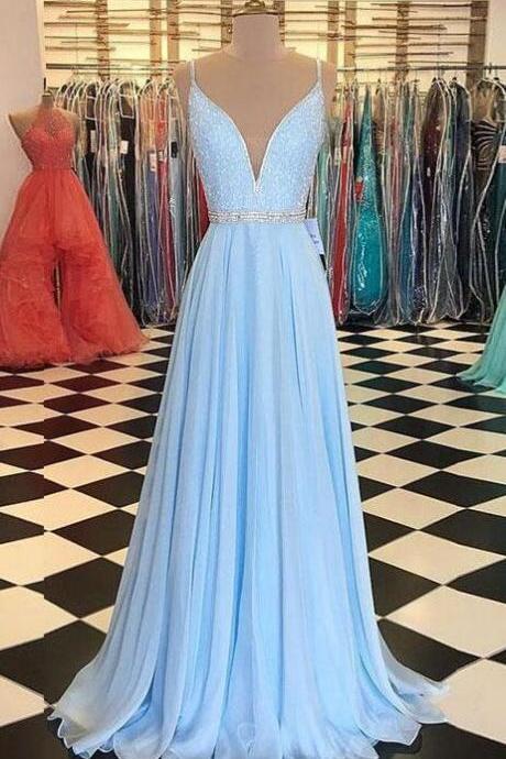 Light Blue Prom Dress,chiffon Prom Dress,mermaid Prom Dress,v Neck Prom Dress,a-line Prom Dress With Beaded Bodice,long V-neck Chiffon Evening
