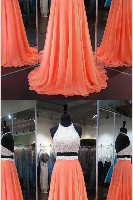 Sweep Train Two Piece Prom Dresses,halter Chiffon Prom Dress, Orange Homecoming Dresses, Crystal Detailing Backless Prom Dress,perfect A-line