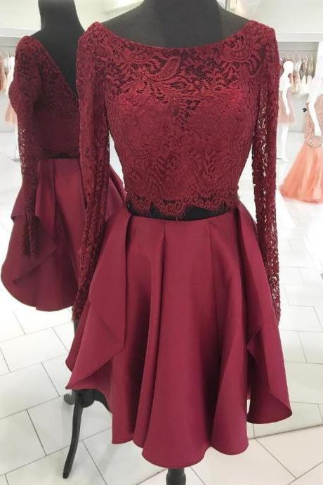 Two Piece Short Homecoming Dress,long Sleeves Homecoming Dress,short Prom Dress,burgundy Homecoming Dress Party Dress